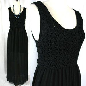 Black Maxi Sundress Crocheted Top Chiffon Bottom Flowy Boho Hippie
